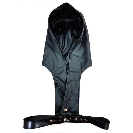 Black Leather Harness with Faux Leather Hoodie on white background. image 2