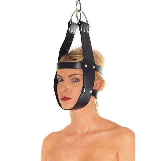lady wearing Black Leather Mask Hanger on white background. image 1