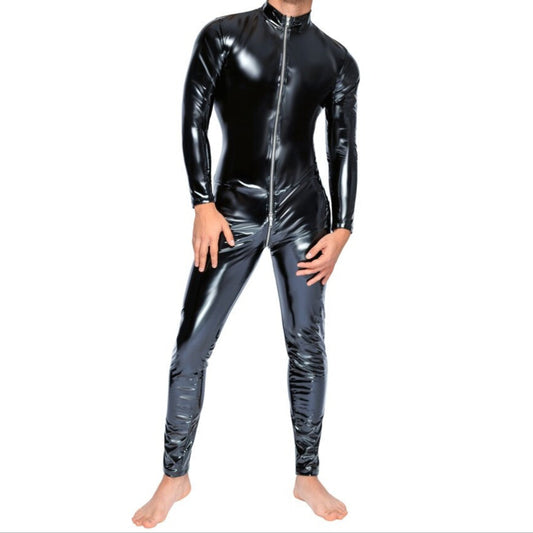 man wearing full length black latex bodysuit with zips on white background. image 1