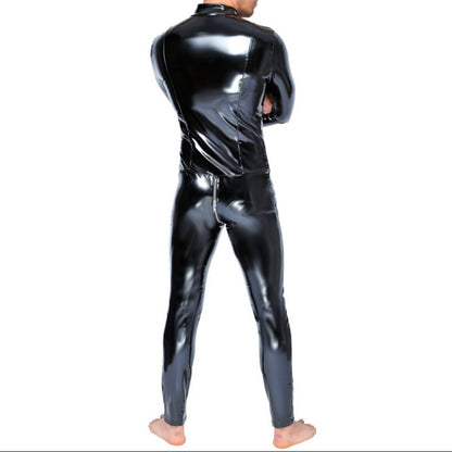 man wearing full length black latex bodysuit with zips on white background. image 3. back view.