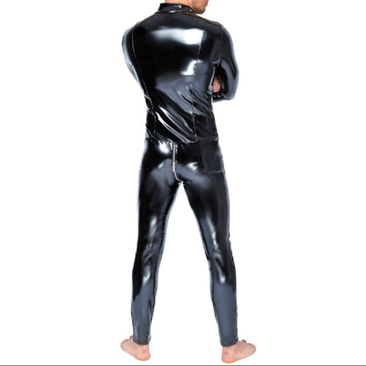 man wearing full length black latex bodysuit with zips on white background. image 3. back view.