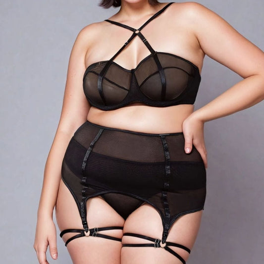 Black Mesh Bra, Garter & Thong Set with Leg Rings