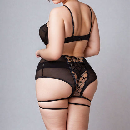 Black Mesh Bra, Garter & Thong Set with Leg Rings1
