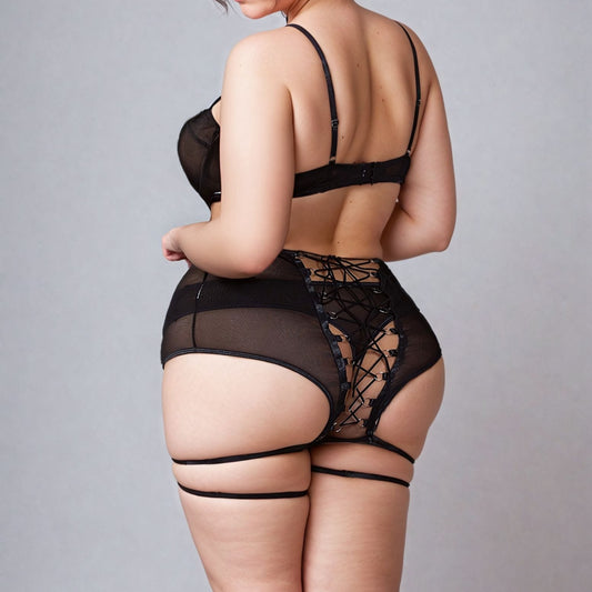 Black Mesh Bra, Garter & Thong Set with Leg Rings1