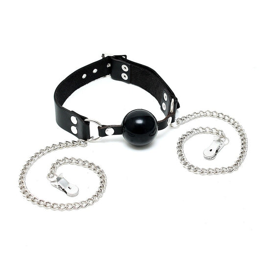 Black Mouth Gag And Nipple Chain on white background. image 1
