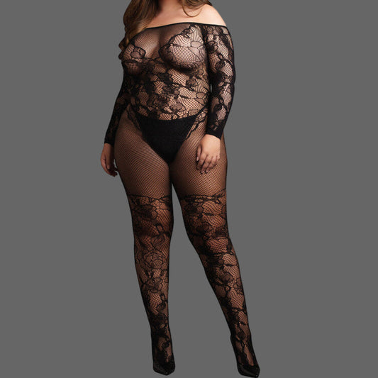 Black Off-Shoulder Lace & Fishnet Bodystocking