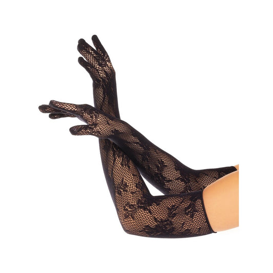 Opera length black lace gloves on hands on white background. image 1