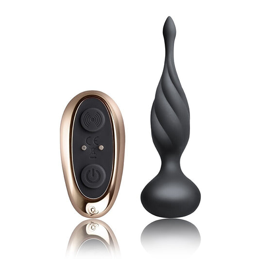 Black Petite Sensations Butt Plug with remote on a white background. image 1