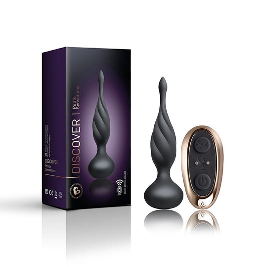 Black Petite Sensations Butt Plug with remote and box on a white background. image 2