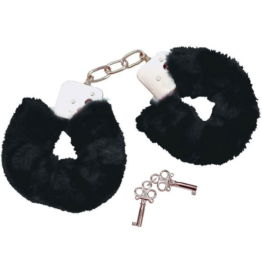 Black Plush Handcuffs with keys on white background. image 1