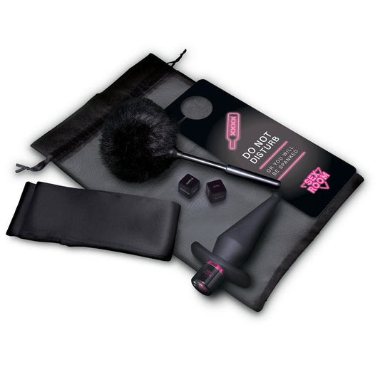 Black Sex Room Anal Play Kit with bag on white background. image 1