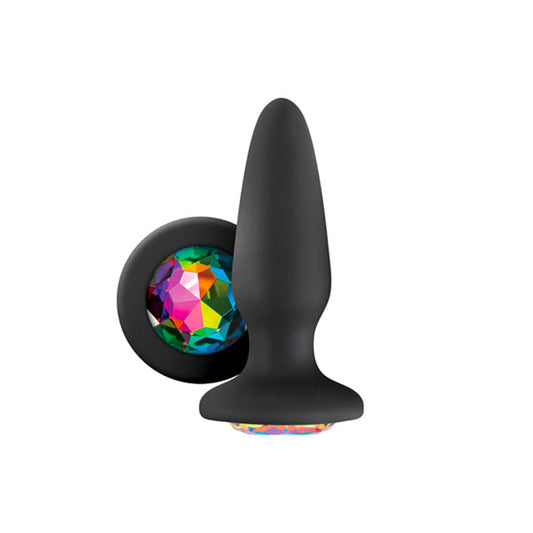 Black Silicone Rainbow Gem Butt Plug on white background. image 1