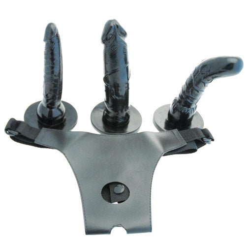 Black Strap On Dildo Set of 4 Pieces on white background. image 1