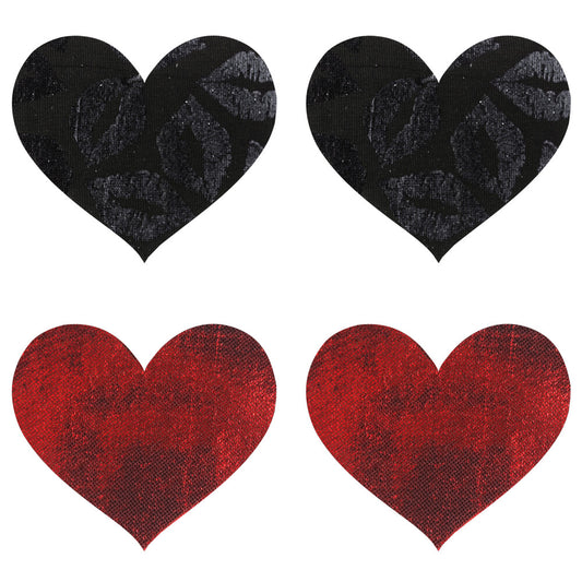 2 sets of heart shaped nipple covers in black and red on a white background. image 1