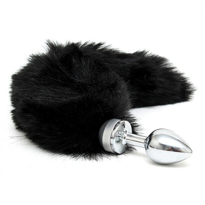 Black and Silver Butt Plug With Tail Small on white background. image 1