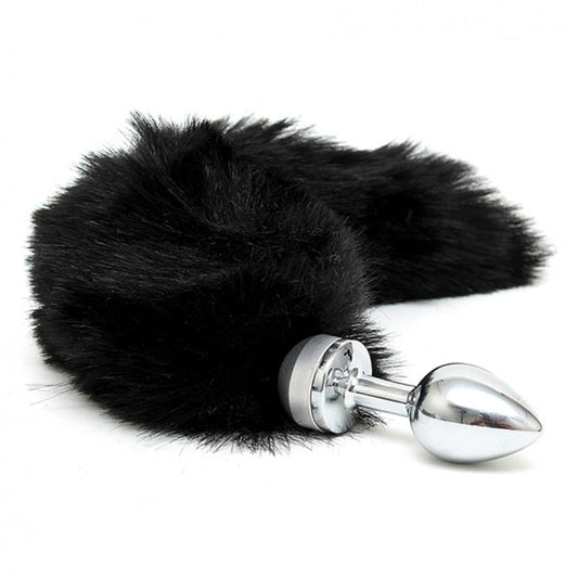 Black and Silver Butt Plug With Tail Small on white background. image 1
