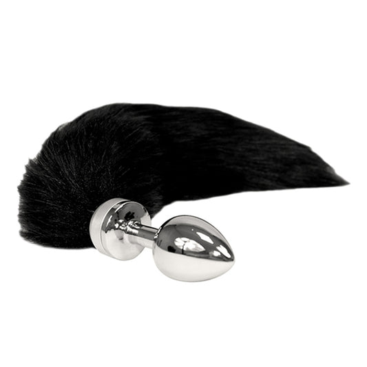 Black and Silver Butt Plug With Tail Small on white background. image 2