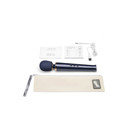 Blue Petite Rechargeable Vibrating Wand with charger and bag on white background. image 3