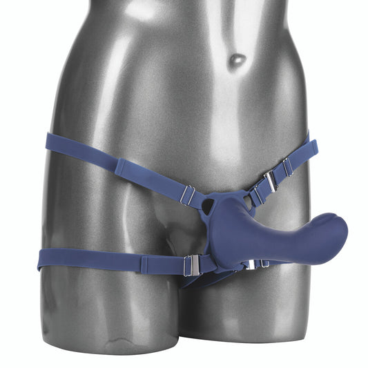 Blue Thumper Strap On With Rechargeable Vibe on body on white background. image 1