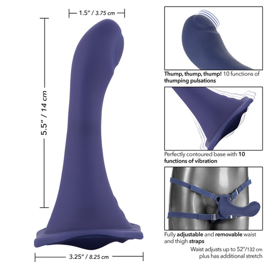 Blue Thumper Strap On With Rechargeable Vibe on body size and features on white background. image 2