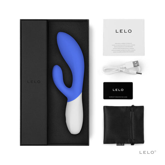 Lelo Blue Wave 2 Luxury Rechargeable Vibe with packaging and charger on white background. image 2