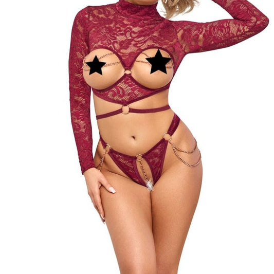 Dark Red Lace & Chain Lingerie Set