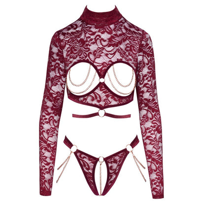 Dark Red Lace & Chain Lingerie Set3