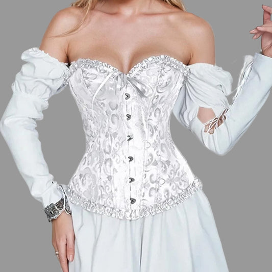 Elegant White Brocade Corset with Satin Trim