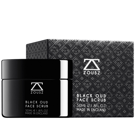 Zousz Black Oud Face Scrub with packaging on a white background