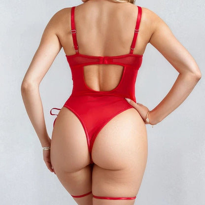Faux Leather & Mesh Bodysuit with Garter Straps - 2 Colours1