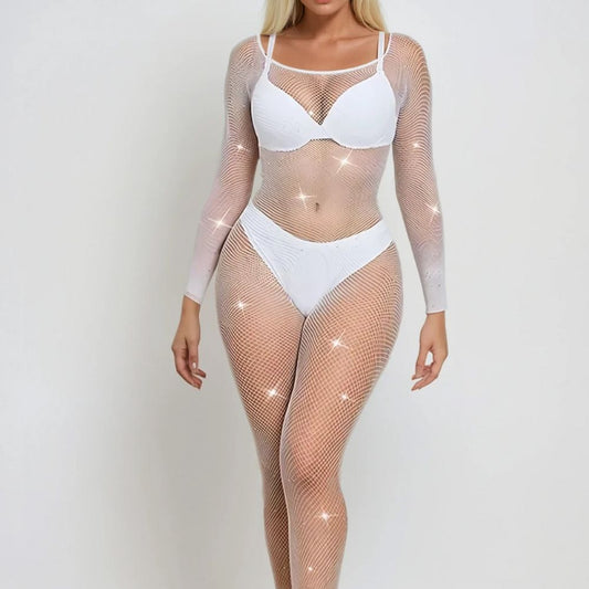 Lady wearing a fishnet body stocking over a white bra and pant.
