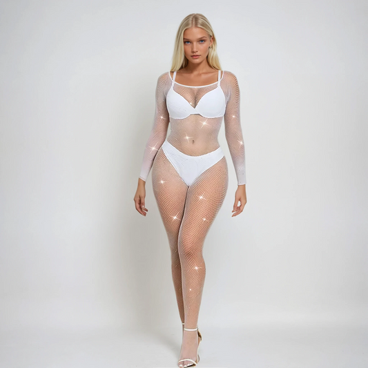 Lady wearing a fishnet body stocking over a white bra and pant, and white shoes