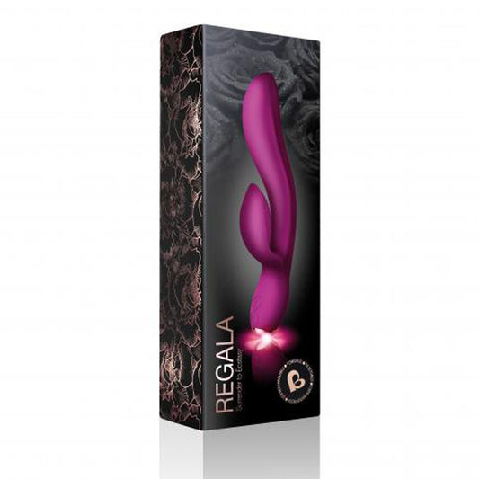 rocks off Fuchsia Regala Clitoral Vibrator with box on white background. image 2