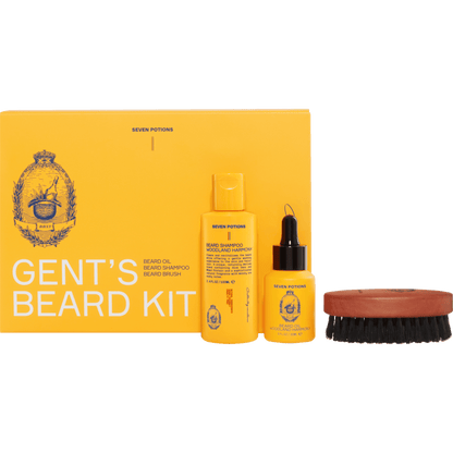 Gent's Beard Kit with yellow packaging and beard care products on a blue background