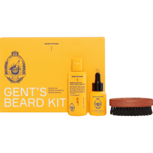 Gent's Beard Kit with yellow packaging and beard care products on a blue background