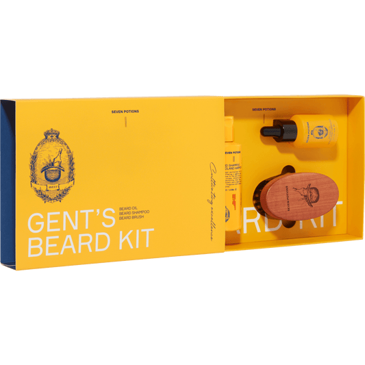 Gent's Beard Kit packaging with yellow and blue design on a gray background