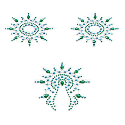 3 piece set of nipple covers and vagina jewels on a white background. image 1