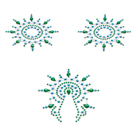 3 piece set of nipple covers and vagina jewels on a white background. image 1