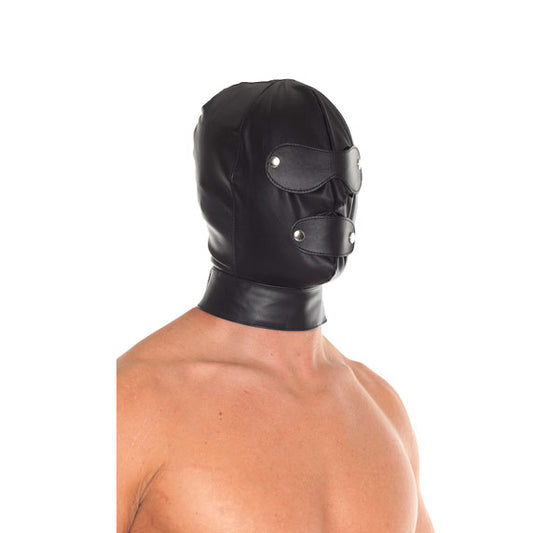 man wearing Leather Full Face Mask With Detachable Blinkers on white background. image 1