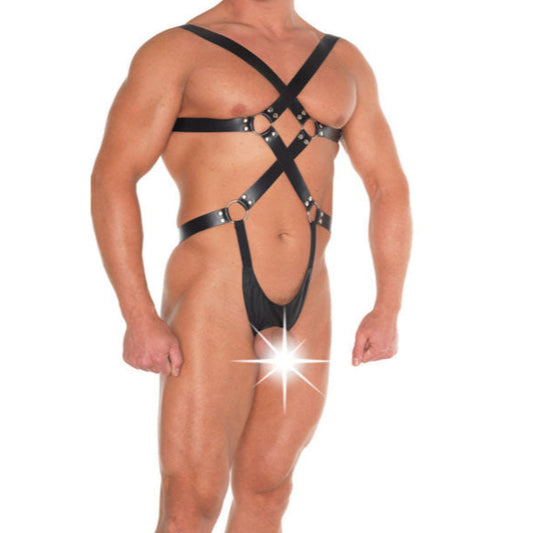 man wearing Black Leather Strappy Body Harness on white background. image 1