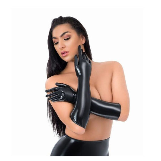 Lady wearing black latex full length gloves on white background. image 1