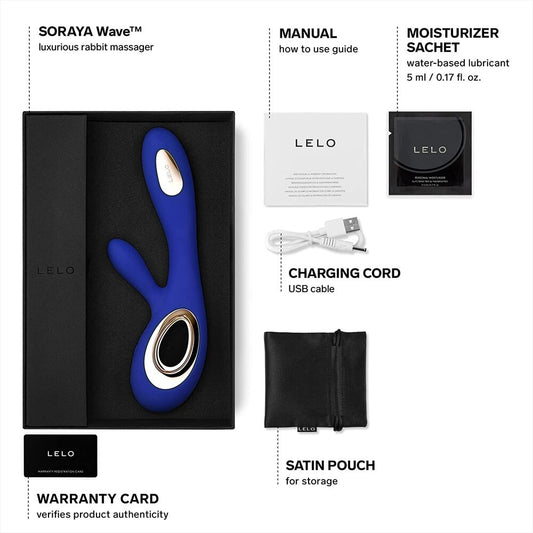 Lelo Midnight Blue Wave Dual Rechargeable Vibrator with packaging and charger on white background. image 3