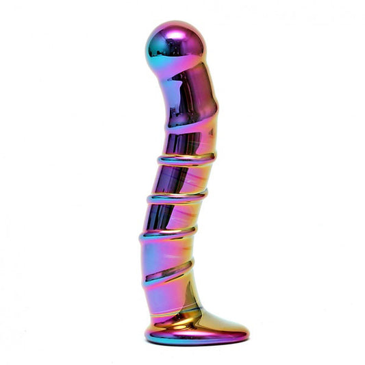 Multi Coloured Glass Nikita Dildo on white background. image 2