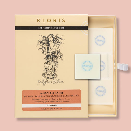 Kloris muscle and joint patches packaging on a pink background