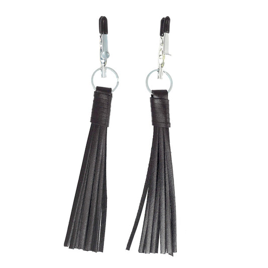 Nipple Clamps With Black Leather Tassels on white background. image 1
