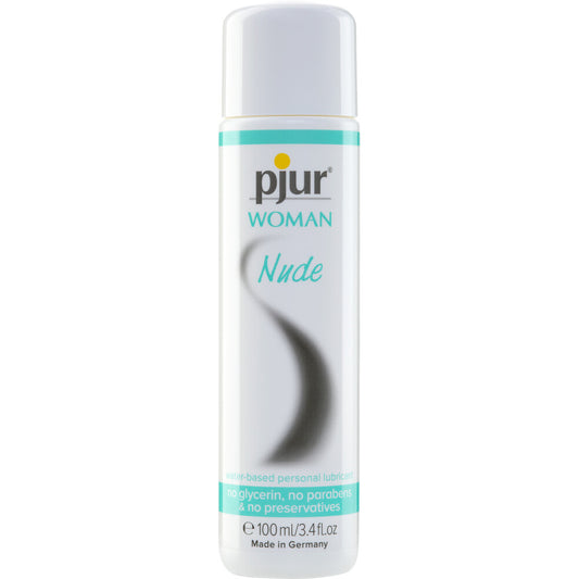 bottle of pjur women nude lubricant on white background. image 1