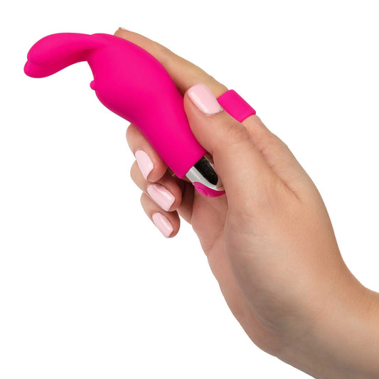 hand wearing Pink Bunny Finger Vibrator on white background. image 2