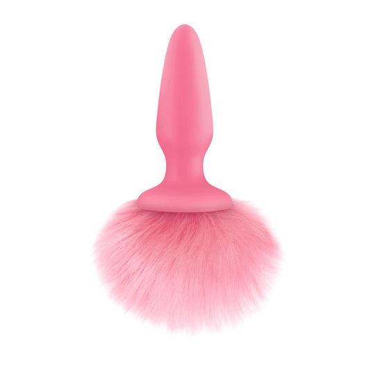 Pink Bunny Tail Butt Plug on white background. image 1