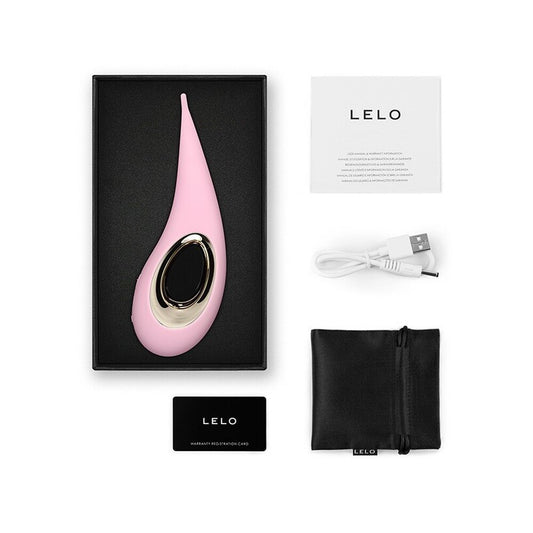 Pink Elliptical Clitoral Stimulator with charger on white background. image 2