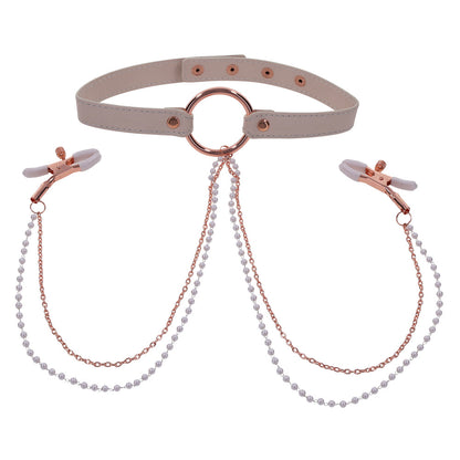 Pink Sex and Mischief Collar with Nipple Clamps on white background. image 1